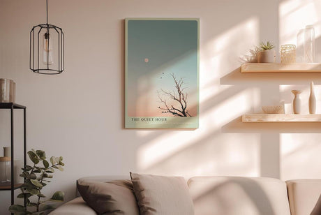 Paul Sinus Wandbild in 40x60cm The Quiet Hour Minimalistische Landschaft mit Baum, Vögeln und Mond im sanften Farbverlauf von Blau zu Rosa