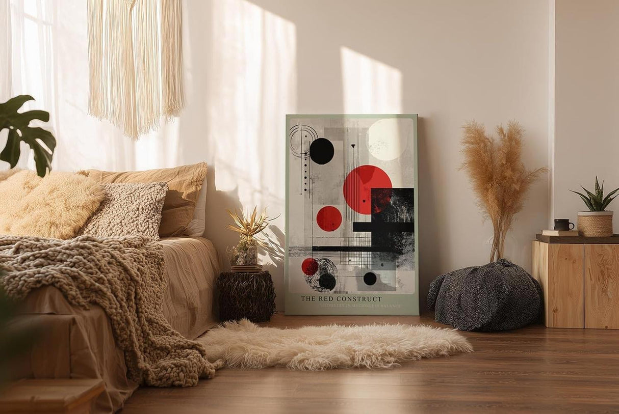 Paul Sinus Wandbild in 40x60cm The Red Construct – Geometrische Abstraktion in Rot, Schwarz und Weiß mit klaren Linien und markanten Formen