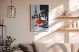 Paul Sinus Wandbild in 40x60cm The Red Dress in Paris Bilder einer Frau im roten Kleid an einem Straßencafé mit Blick auf den Eiffelturm