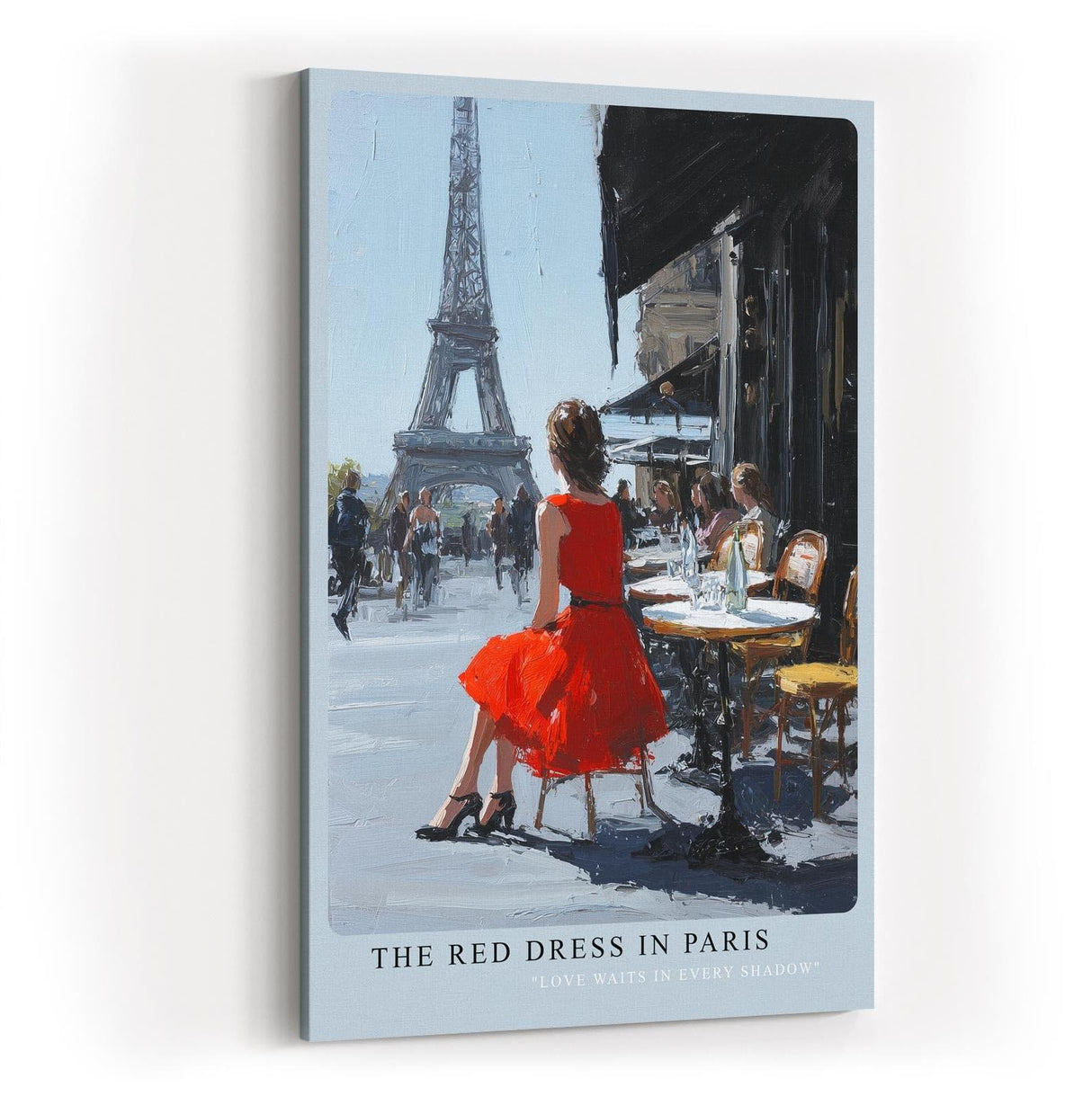 Paul Sinus Wandbild in 40x60cm The Red Dress in Paris Bilder einer Frau im roten Kleid an einem Straßencafé mit Blick auf den Eiffelturm