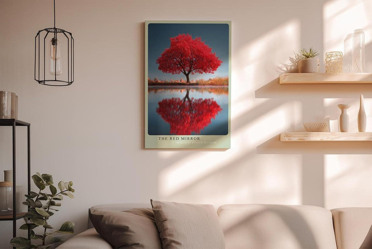 Paul Sinus Wandbild in 40x60cm The Red Mirror Strahlender roter Baum mit perfekter Spiegelung im Wasser vor sanfter Landschaftskulisse