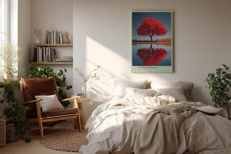 Paul Sinus Wandbild in 40x60cm The Red Mirror Strahlender roter Baum mit perfekter Spiegelung im Wasser vor sanfter Landschaftskulisse