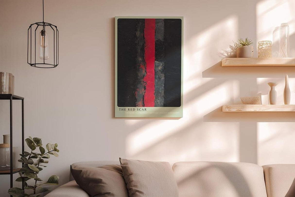Paul Sinus Wandbild in 40x60cm The Red Scar – Abstraktes Kunstwerk mit intensivem rotem Streifen auf dunklem Grund