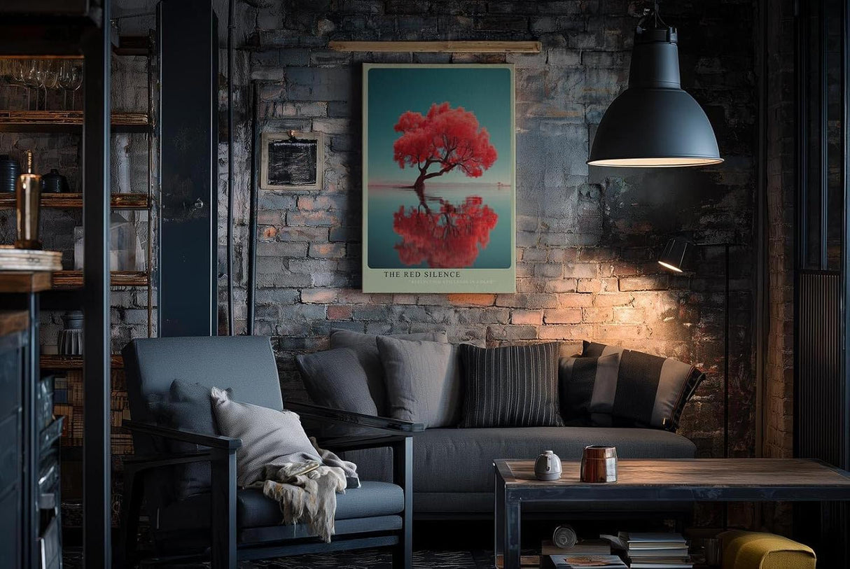 Paul Sinus Wandbild in 40x60cm The Red Silence – leuchtend roter Baum im Wasser mit Spiegelung, moderne Naturfotokunst
