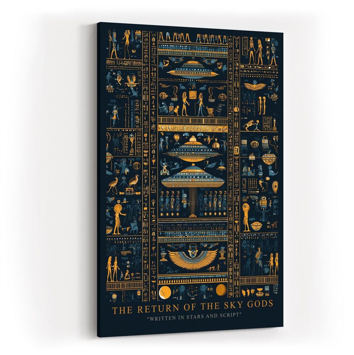Paul Sinus Wandbild in 40x60cm The Return of the Sky Gods – Goldene und blaue Hieroglyphen mit futuristischen Raumschiffen