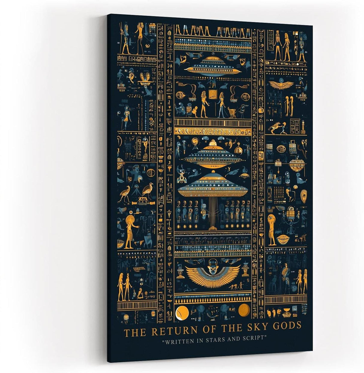 Paul Sinus Wandbild in 40x60cm The Return of the Sky Gods – Goldene und blaue Hieroglyphen mit futuristischen Raumschiffen