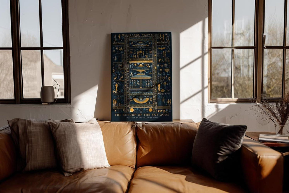 Paul Sinus Wandbild in 40x60cm The Return of the Sky Gods – Goldene und blaue Hieroglyphen mit futuristischen Raumschiffen
