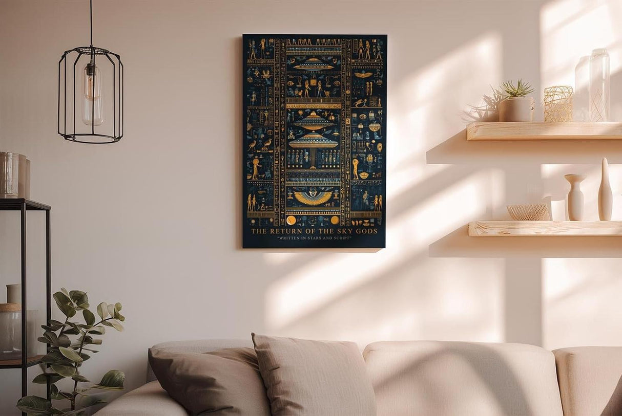 Paul Sinus Wandbild in 40x60cm The Return of the Sky Gods – Goldene und blaue Hieroglyphen mit futuristischen Raumschiffen