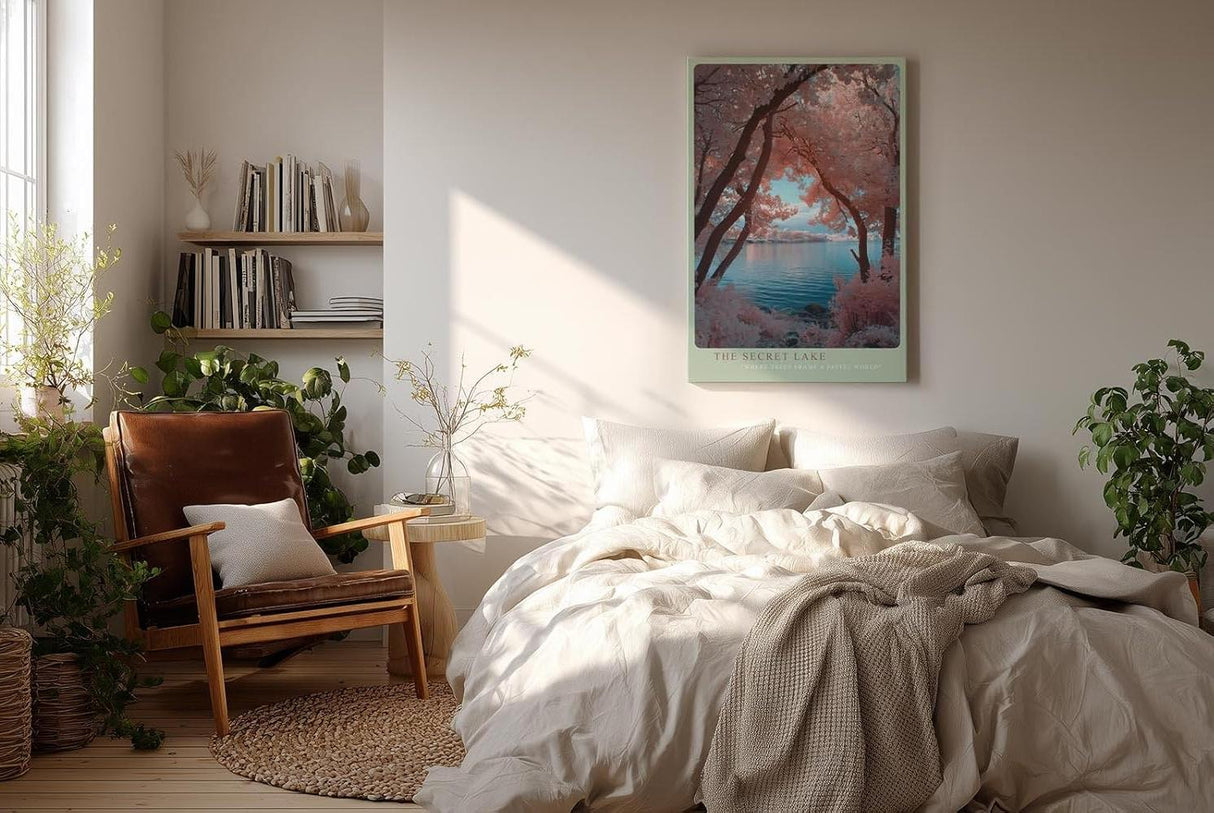 Paul Sinus Wandbild in 40x60cm The Secret Lake – Pastellfarbene Baumlandschaft am See mit romantischem Flair, verträumte Naturkulisse in sanften Tönen