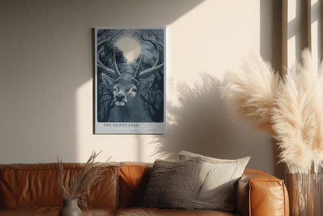 Paul Sinus Wandbild in 40x60cm The Silent Stag – majestätischer Hirsch vor Vollmond im nächtlichen Wald, detailreiche Illustration in kühlen Blautönen