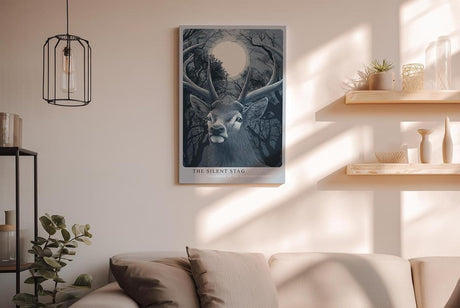 Paul Sinus Wandbild in 40x60cm The Silent Stag – majestätischer Hirsch vor Vollmond im nächtlichen Wald, detailreiche Illustration in kühlen Blautönen