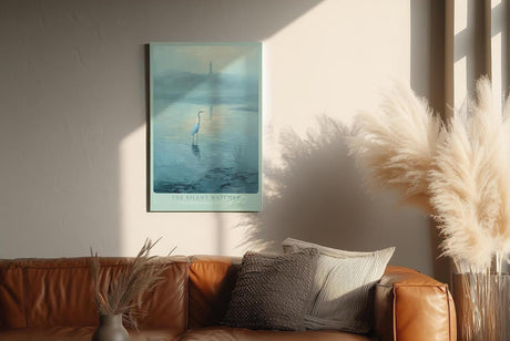 Paul Sinus Wandbild in 40x60cm The Silent Watcher mit elegantem Reiher vor nebliger Küstenlandschaft für ruhige Wandgestaltung