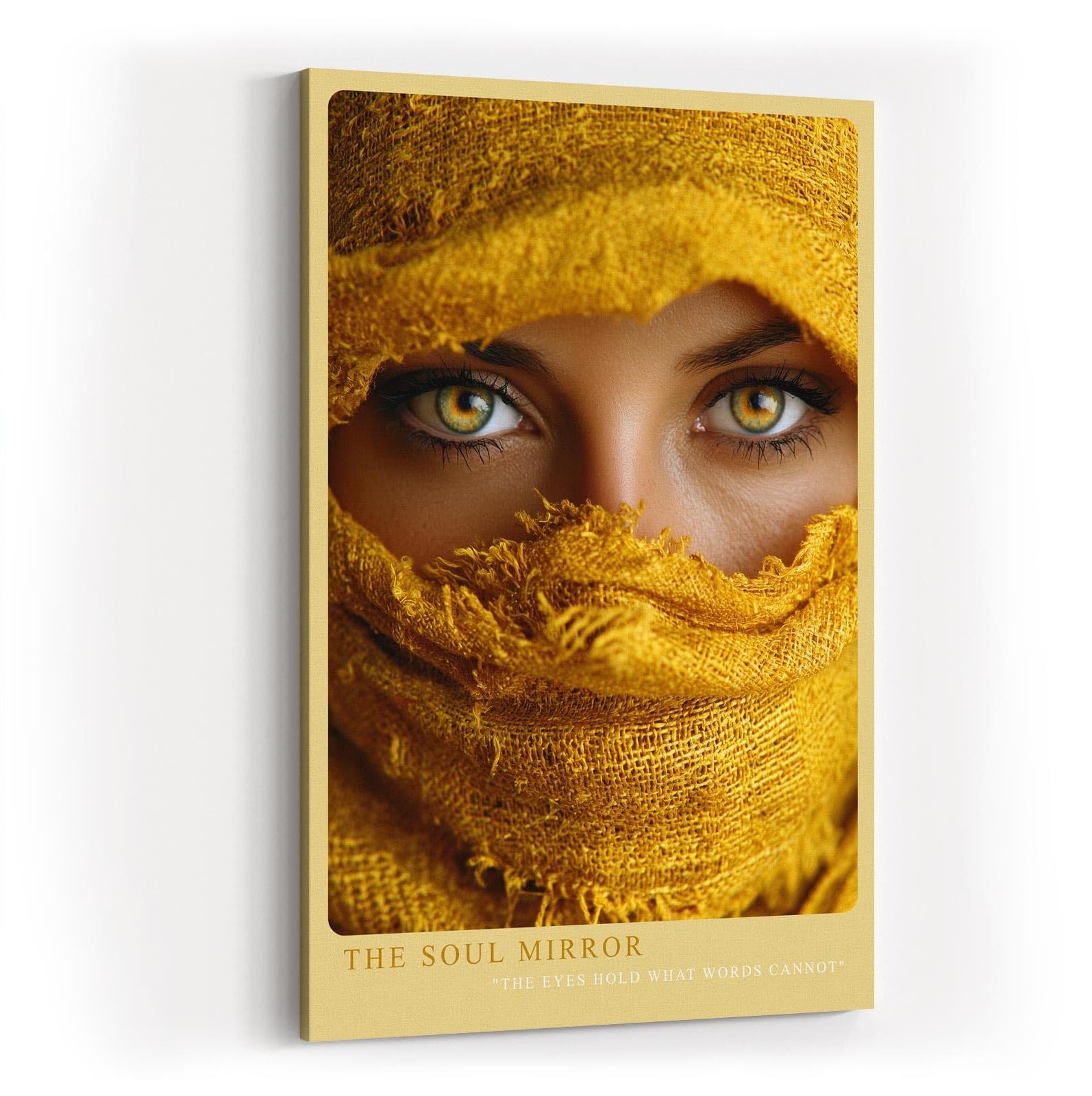 Paul Sinus Wandbild in 40x60cm The Soul Mirror – Intensiver Blick durch goldene Augen mit gelbem Stoff umhüllt