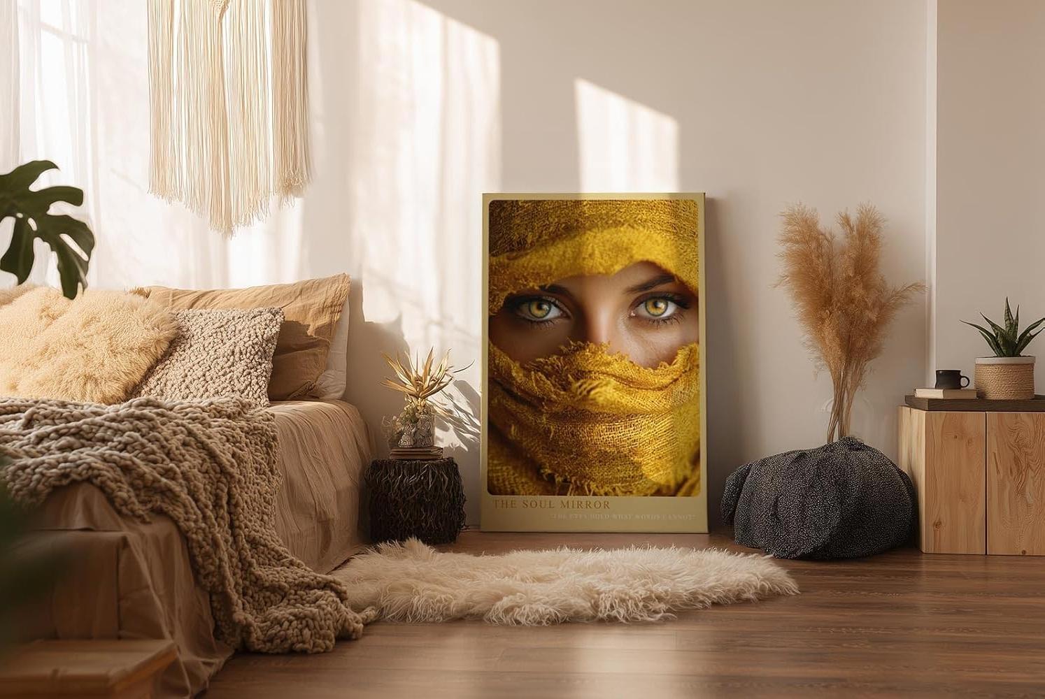 Paul Sinus Wandbild in 40x60cm The Soul Mirror – Intensiver Blick durch goldene Augen mit gelbem Stoff umhüllt