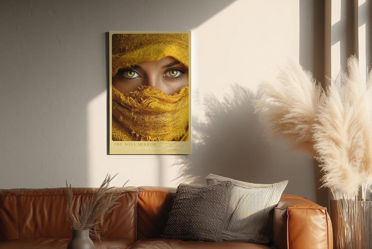 Paul Sinus Wandbild in 40x60cm The Soul Mirror – Intensiver Blick durch goldene Augen mit gelbem Stoff umhüllt