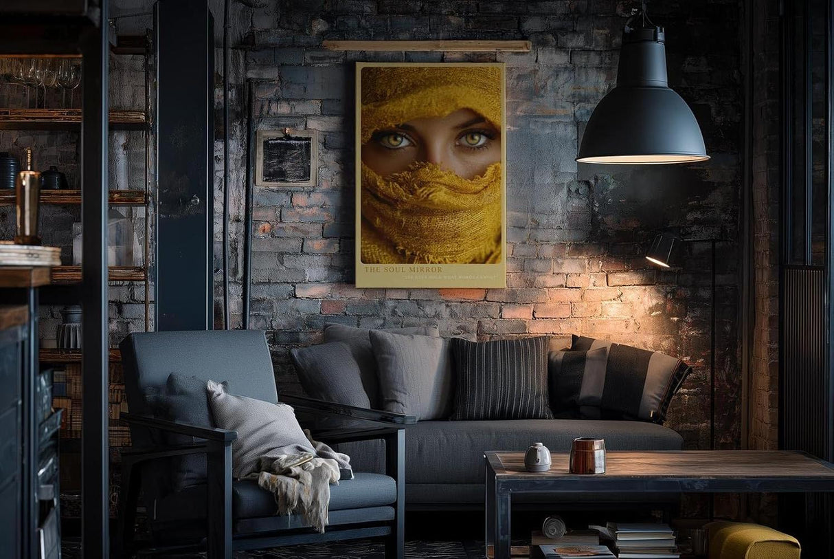 Paul Sinus Wandbild in 40x60cm The Soul Mirror – Intensiver Blick durch goldene Augen mit gelbem Stoff umhüllt