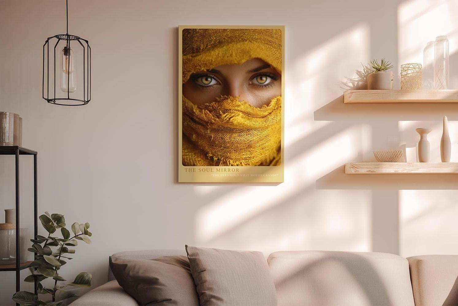 Paul Sinus Wandbild in 40x60cm The Soul Mirror – Intensiver Blick durch goldene Augen mit gelbem Stoff umhüllt