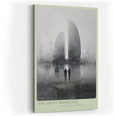 Paul Sinus Wandbild in 40x60cm The Split Monolith Zwei monumentale, geteilte Bauwerke in nebliger Stadtlandschaft mit Figuren im Vordergrund