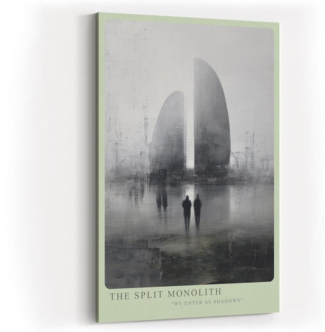 Paul Sinus Wandbild in 40x60cm The Split Monolith Zwei monumentale, geteilte Bauwerke in nebliger Stadtlandschaft mit Figuren im Vordergrund