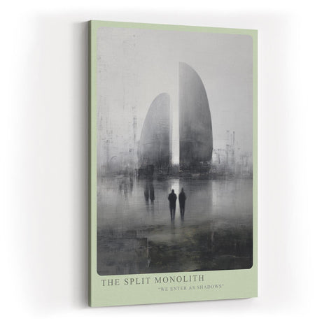 Paul Sinus Wandbild in 40x60cm The Split Monolith Zwei monumentale, geteilte Bauwerke in nebliger Stadtlandschaft mit Figuren im Vordergrund