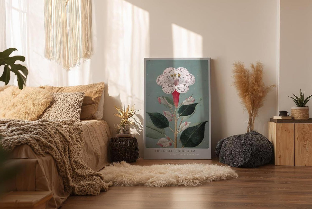 Paul Sinus Wandbild in 40x60cm The Spotted Bloom Botanische Illustration einer weißen Blüte mit roten Punkten und grünen Blättern