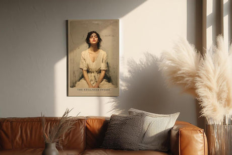 Paul Sinus Wandbild in 40x60cm The Stillness Inside Serene Woman in White Dress with Eyes Closed in Peaceful Minimalist Setting