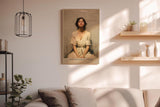 Paul Sinus Wandbild in 40x60cm The Stillness Inside Serene Woman in White Dress with Eyes Closed in Peaceful Minimalist Setting