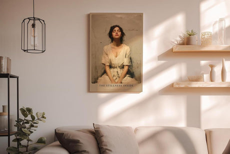 Paul Sinus Wandbild in 40x60cm The Stillness Inside Serene Woman in White Dress with Eyes Closed in Peaceful Minimalist Setting