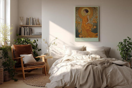 Paul Sinus Wandbild in 40x60cm The Sun's Favorite mit eleganter Frau in goldener Robe vor floralem Hintergrund für luxuriöse Wandgestaltung