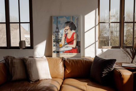 Paul Sinus Wandbild in 40x60cm The Taste of Paris Bilder einer Frau im roten Kleid auf einer Pariser Terrasse mit Blick auf den Eiffelturm
