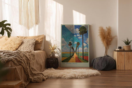 Paul Sinus Wandbild in 40x60cm The Tropic Trail mit farbintensiver Palmenallee und geometrischem Himmel für lebendige Raumgestaltung