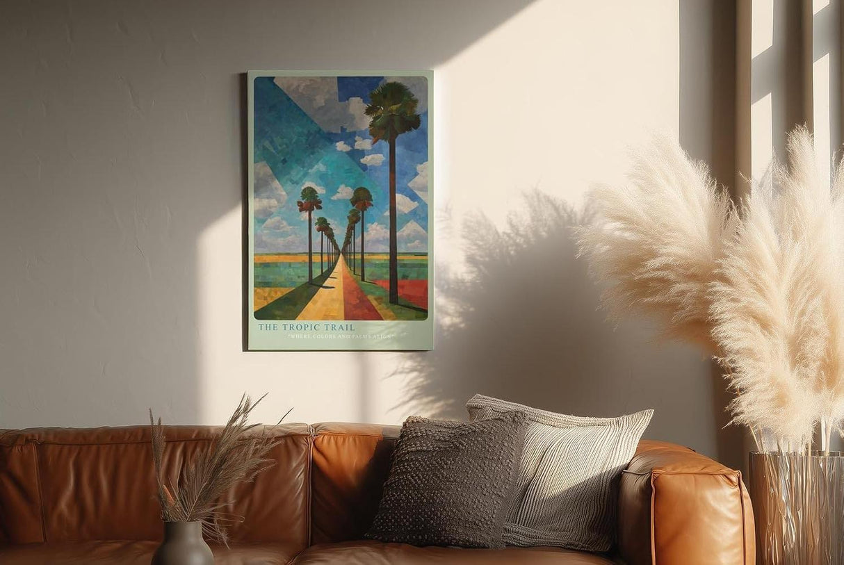 Paul Sinus Wandbild in 40x60cm The Tropic Trail mit farbintensiver Palmenallee und geometrischem Himmel für lebendige Raumgestaltung