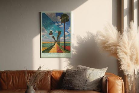 Paul Sinus Wandbild in 40x60cm The Tropic Trail mit farbintensiver Palmenallee und geometrischem Himmel für lebendige Raumgestaltung