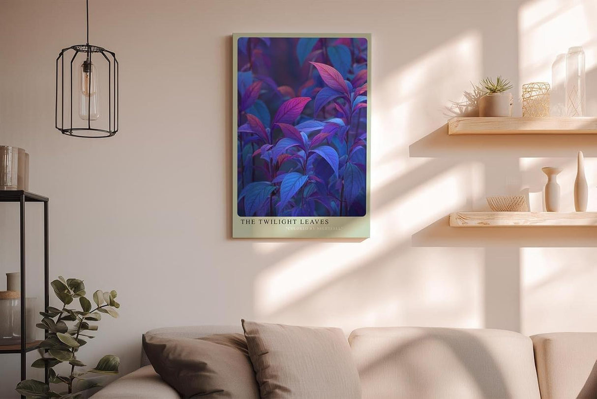 Paul Sinus Wandbild in 40x60cm The Twilight Leaves – Intensiv gefärbte Pflanzenblätter in Blauund Lilatönen, inspiriert vom Zauber der Dämmerung