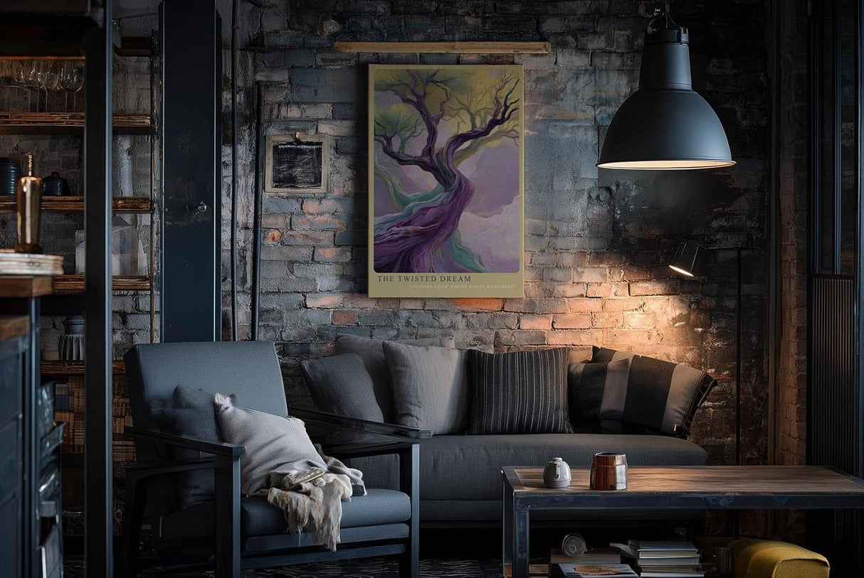 Paul Sinus Wandbild in 40x60cm The Twisted Dream – Farbintensive Kunst mit verschlungenem Baum in surrealer Landschaft