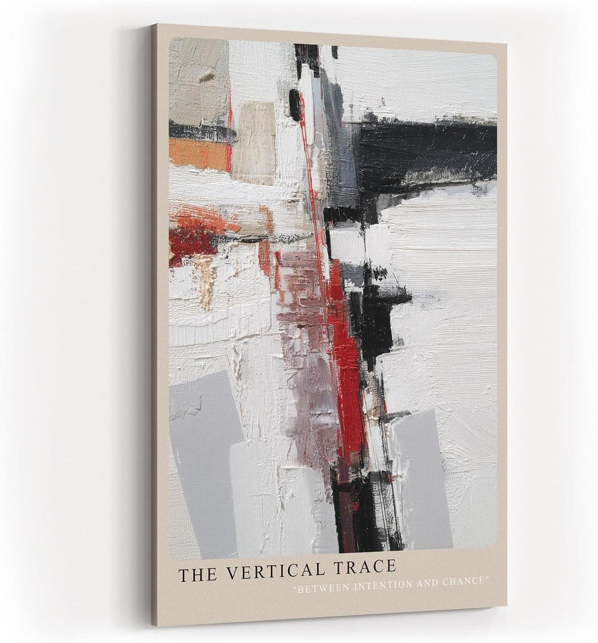 Paul Sinus Wandbild in 40x60cm The Vertical Trace – Abstrakte Komposition mit vertikalen und horizontalen Linien in Rot, Schwarz, Weiß und Beige