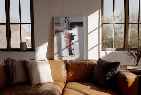 Paul Sinus Wandbild in 40x60cm The Vertical Trace – Abstrakte Komposition mit vertikalen und horizontalen Linien in Rot, Schwarz, Weiß und Beige