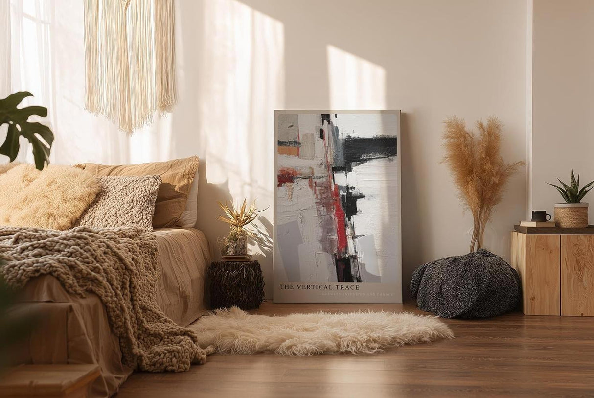 Paul Sinus Wandbild in 40x60cm The Vertical Trace – Abstrakte Komposition mit vertikalen und horizontalen Linien in Rot, Schwarz, Weiß und Beige