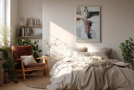 Paul Sinus Wandbild in 40x60cm The Vertical Trace – Abstrakte Komposition mit vertikalen und horizontalen Linien in Rot, Schwarz, Weiß und Beige