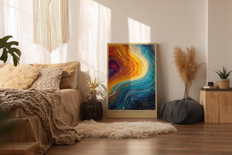 Paul Sinus Wandbild in 40x60cm The Vibrant Current – Abstrakte Farbströme in leuchtendem Blau, Orange und Gelb, inspiriert von kosmischen Bewegungen und kreativer Energie
