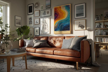 Paul Sinus Wandbild in 40x60cm The Vibrant Current – Abstrakte Farbströme in leuchtendem Blau, Orange und Gelb, inspiriert von kosmischen Bewegungen und kreativer Energie