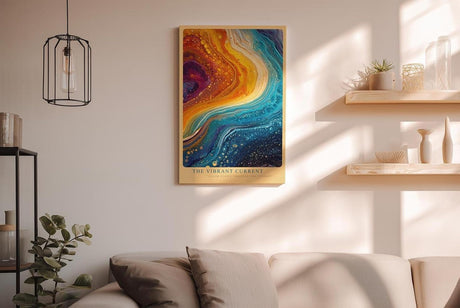 Paul Sinus Wandbild in 40x60cm The Vibrant Current – Abstrakte Farbströme in leuchtendem Blau, Orange und Gelb, inspiriert von kosmischen Bewegungen und kreativer Energie