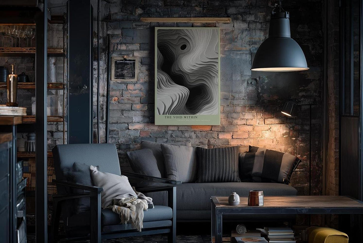 Paul Sinus Wandbild in 40x60cm The Void Within – Schwarz-weiße Topografie mit organischen Schichtungen und geheimnisvollem Tiefeneffekt