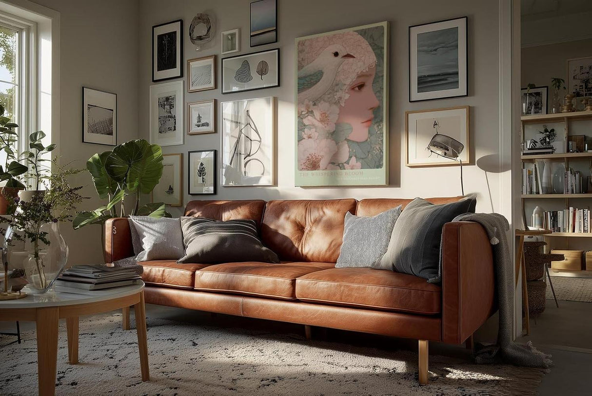 Paul Sinus Wandbild in 40x60cm The Whispering Bloom – Fein gezeichnetes Porträt mit floralen Linienmustern und Vogel in sanfter Farbigkeit
