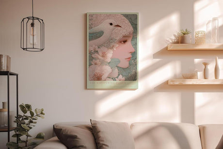 Paul Sinus Wandbild in 40x60cm The Whispering Bloom – Fein gezeichnetes Porträt mit floralen Linienmustern und Vogel in sanfter Farbigkeit