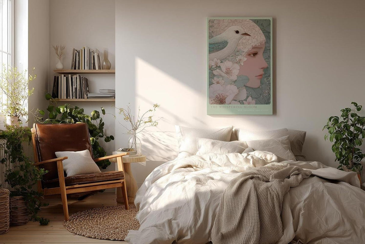 Paul Sinus Wandbild in 40x60cm The Whispering Bloom – Fein gezeichnetes Porträt mit floralen Linienmustern und Vogel in sanfter Farbigkeit
