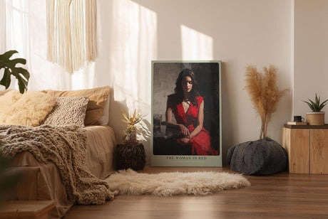 Paul Sinus Wandbild in 40x60cm The Woman in Red Bilder einer Frau im roten Kleid an einem Tisch sitzend für ausdrucksstarke Raumgestaltung