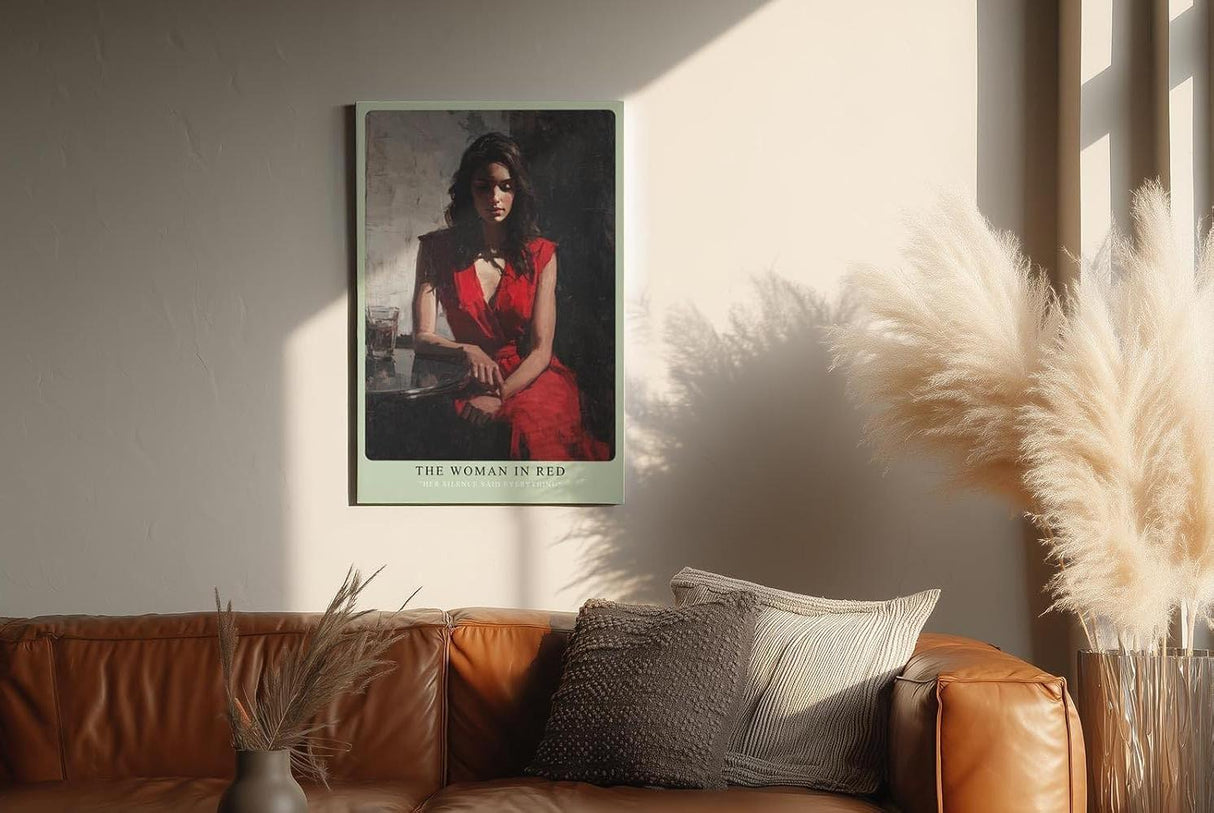 Paul Sinus Wandbild in 40x60cm The Woman in Red Bilder einer Frau im roten Kleid an einem Tisch sitzend für ausdrucksstarke Raumgestaltung