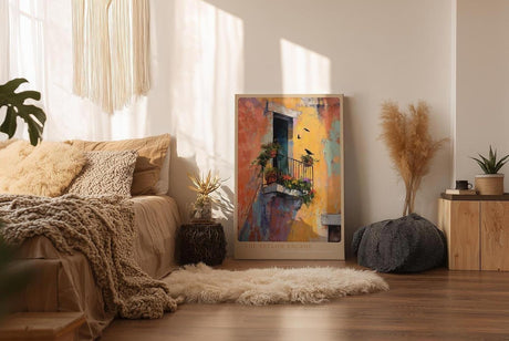 Paul Sinus Wandbild in 40x60cm The Yellow Facade – Mediterrane Balkonszene mit leuchtend gelber Fassade und verspielten Details in impressionistischem Stil