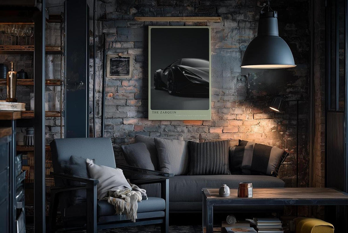 Paul Sinus Wandbild in 40x60cm The Zarquin – Futuristisches Supersportwagen-Design in tiefschwarzer Lackierung vor dunklem Hintergrund